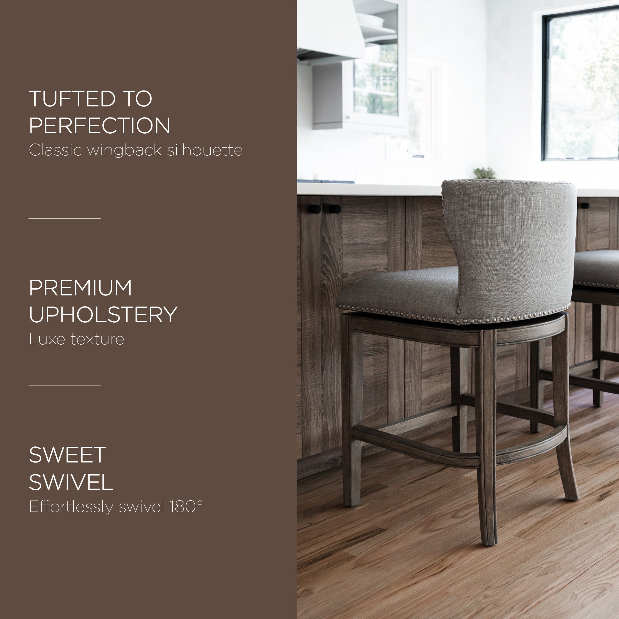 Maven Lane Hugo Counter Stool, Reclaimed Oak Finish & Ash Grey Fabric Upholstery - VMInnovations