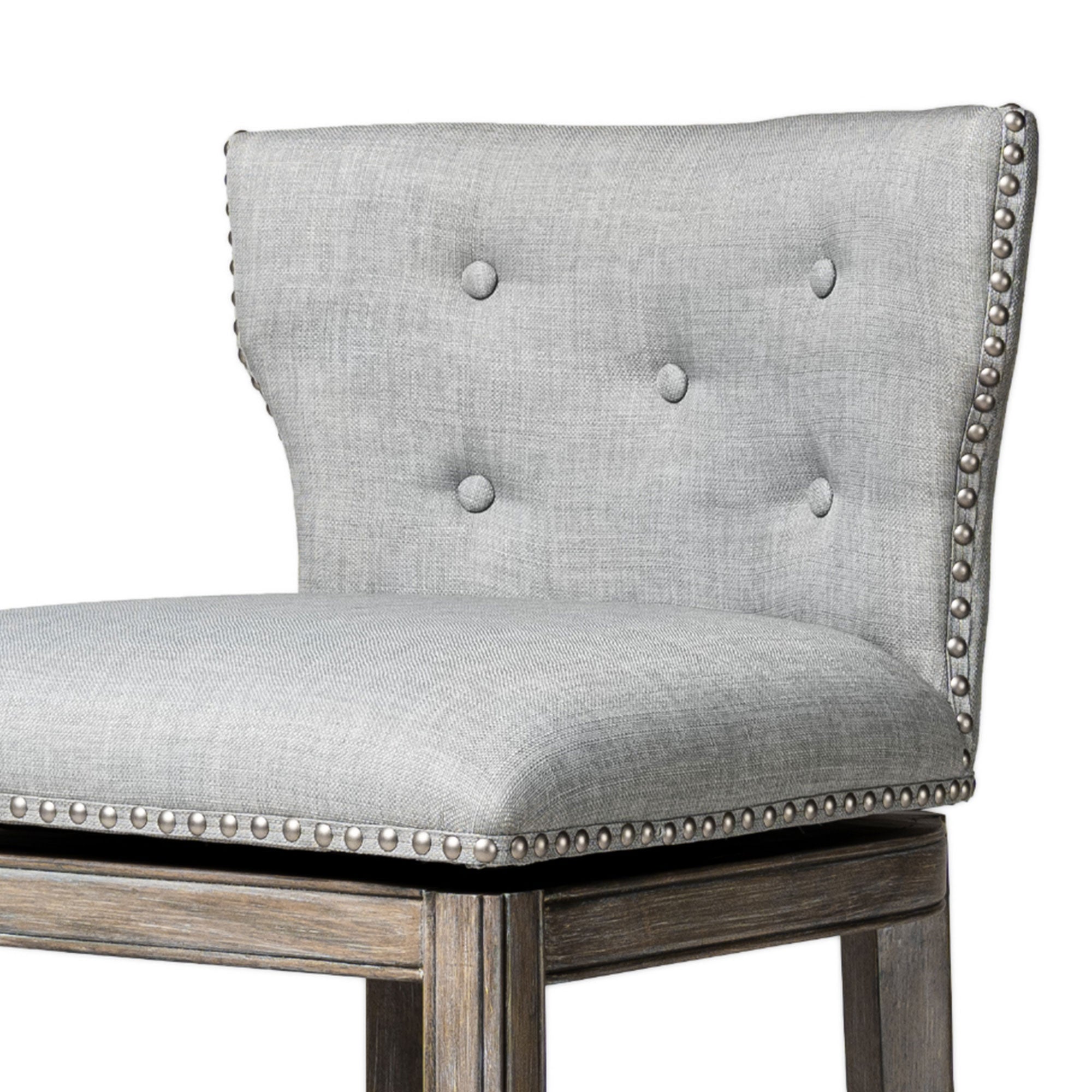 Maven Lane Hugo Counter Stool, Reclaimed Oak Finish & Ash Grey Fabric Upholstery - VMInnovations