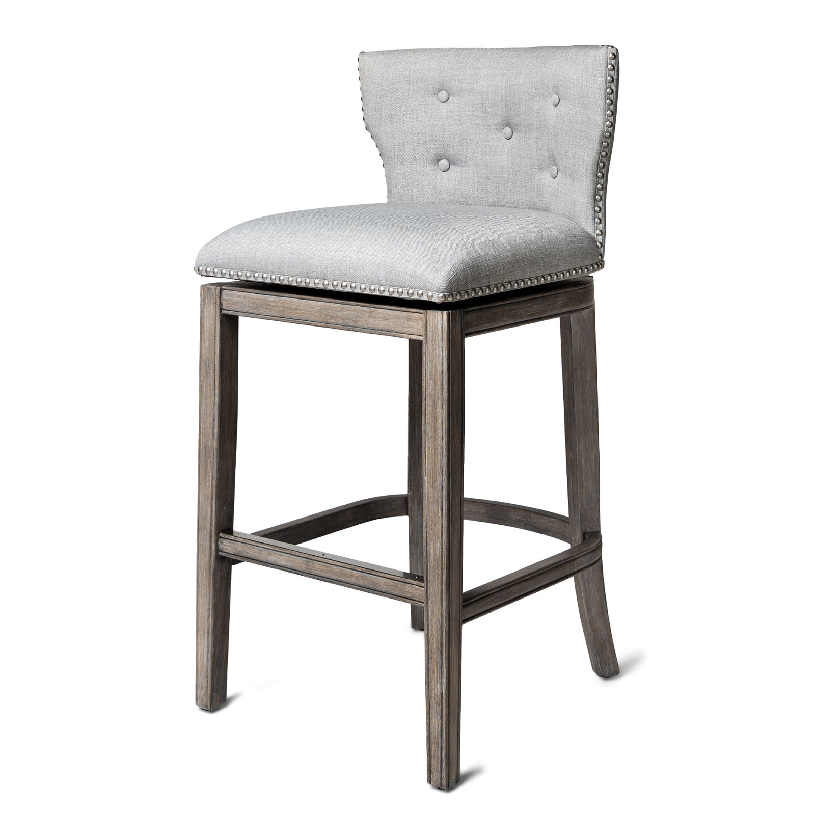 Maven Lane Hugo Bar Stool in Reclaimed Oak Finish w/ Ash Grey Fabric Upholstery - VMInnovations