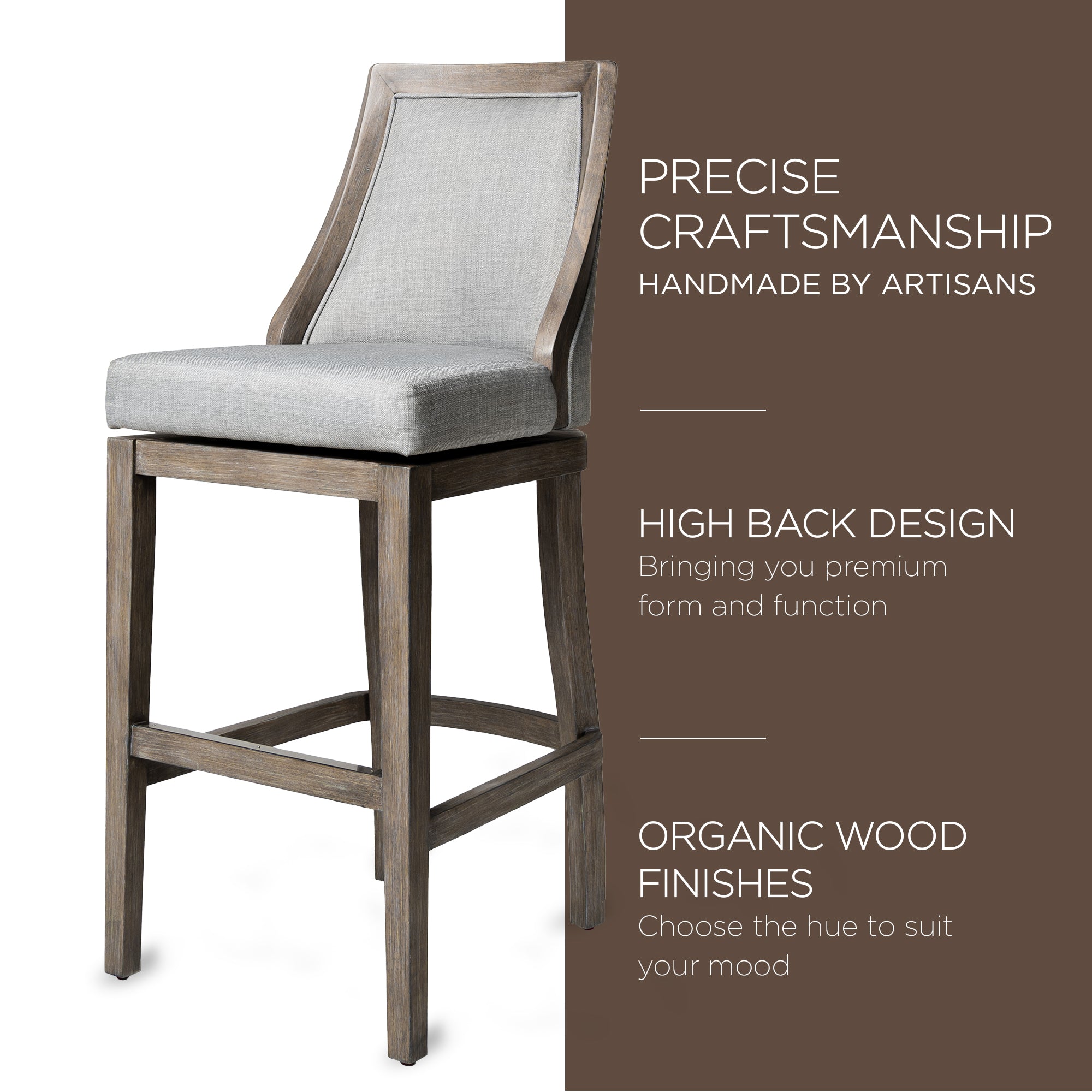 Maven Lane Vienna Bar Stool, Reclaimed Oak Finish w/ Ash Grey Fabric Upholstery - VMInnovations