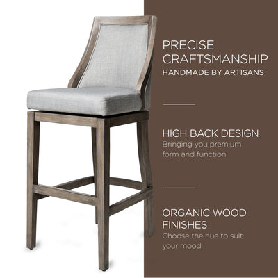 Maven Lane Vienna Bar Stool, Reclaimed Oak Finish w/ Ash Grey Fabric Upholstery - VMInnovations