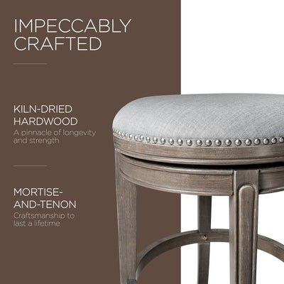 Maven Lane Alexander Backless Counter Stool in Reclaimed Oak Finish w/ Ash Grey Fabric Upholstery