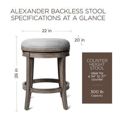 Maven Lane Alexander Backless Counter Stool in Reclaimed Oak Finish w/ Ash Grey Fabric Upholstery