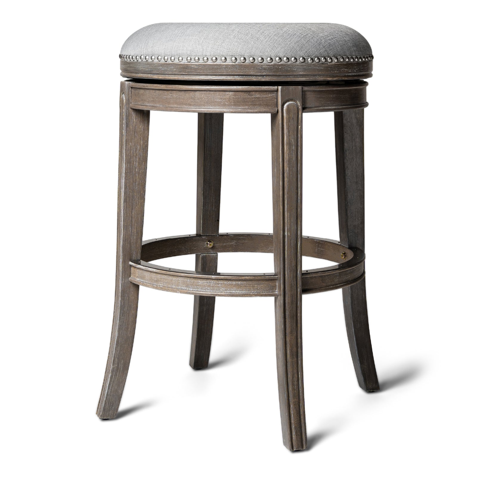 Maven Lane Alexander Backless Bar Stool in Reclaimed Oak Finish w/ Ash Grey Fabric Upholstery - VMInnovations