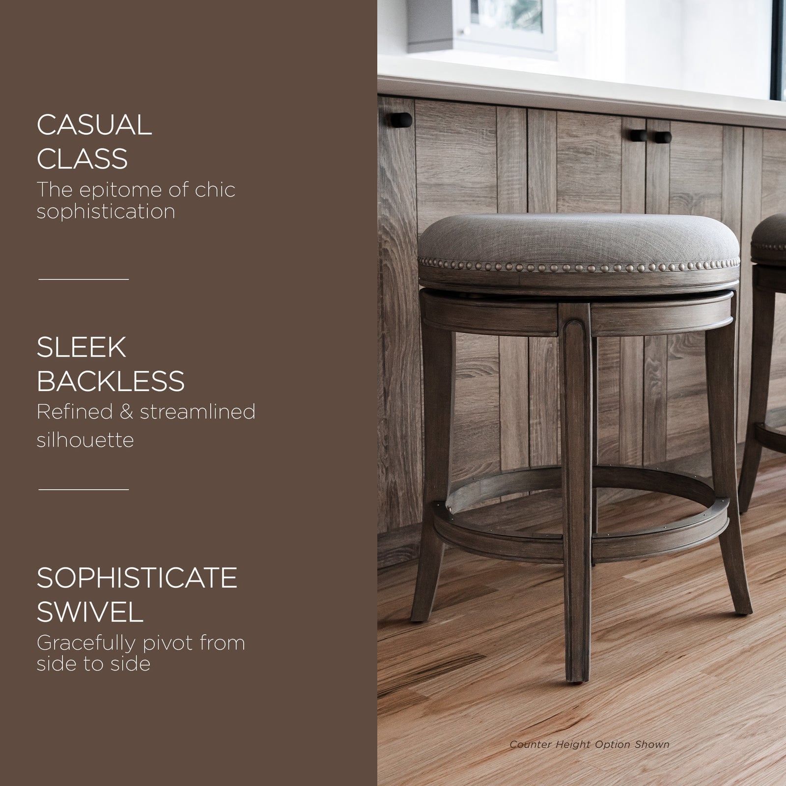 Maven Lane Alexander Backless Bar Stool in Reclaimed Oak Finish w/ Ash Grey Fabric Upholstery - VMInnovations