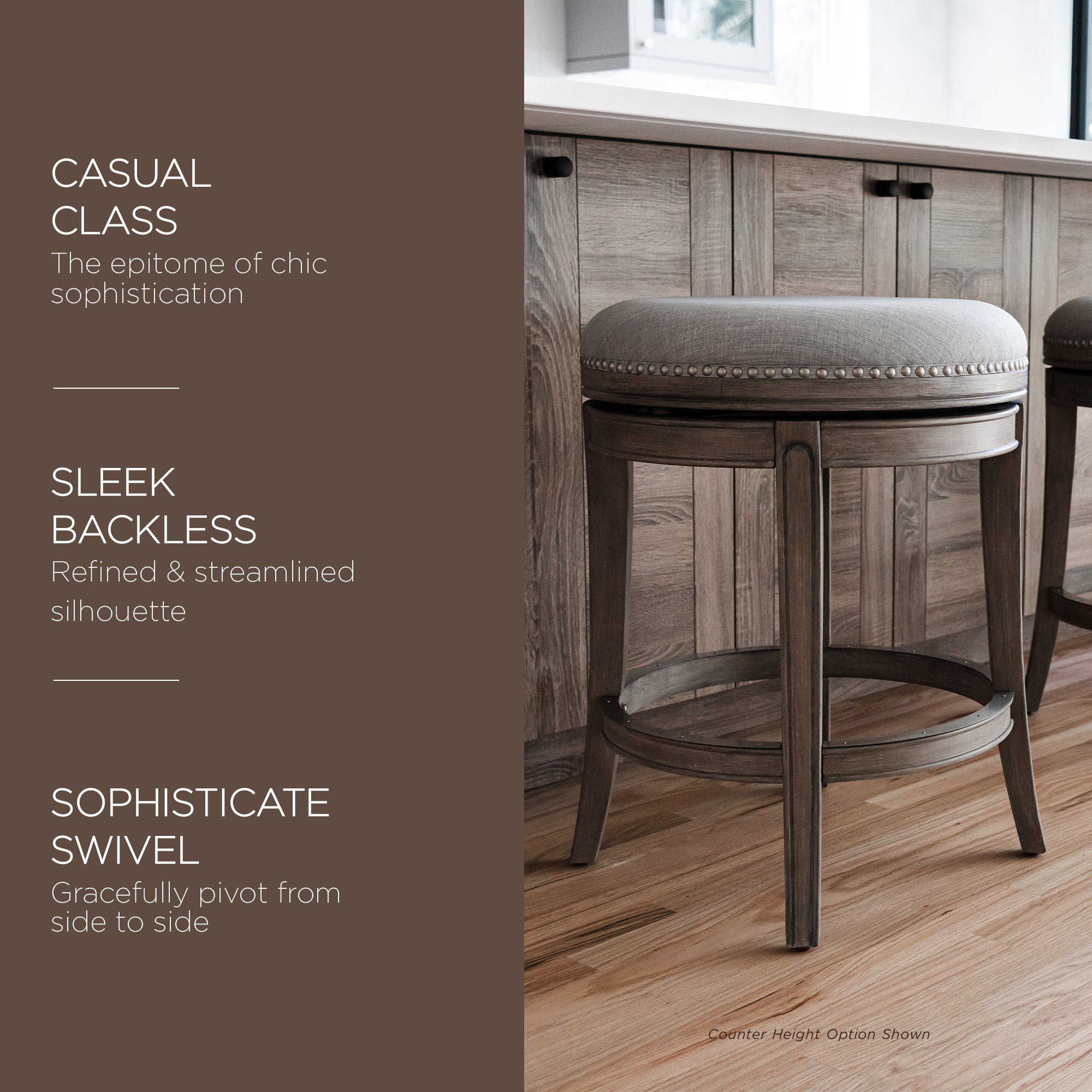 Maven Lane Alexander Backless Bar Stool in Reclaimed Oak Finish w/ Ash Grey Fabric Upholstery - VMInnovations