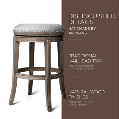 Maven Lane Alexander Backless Bar Stool in Reclaimed Oak Finish w/ Ash Grey Fabric Upholstery - VMInnovations