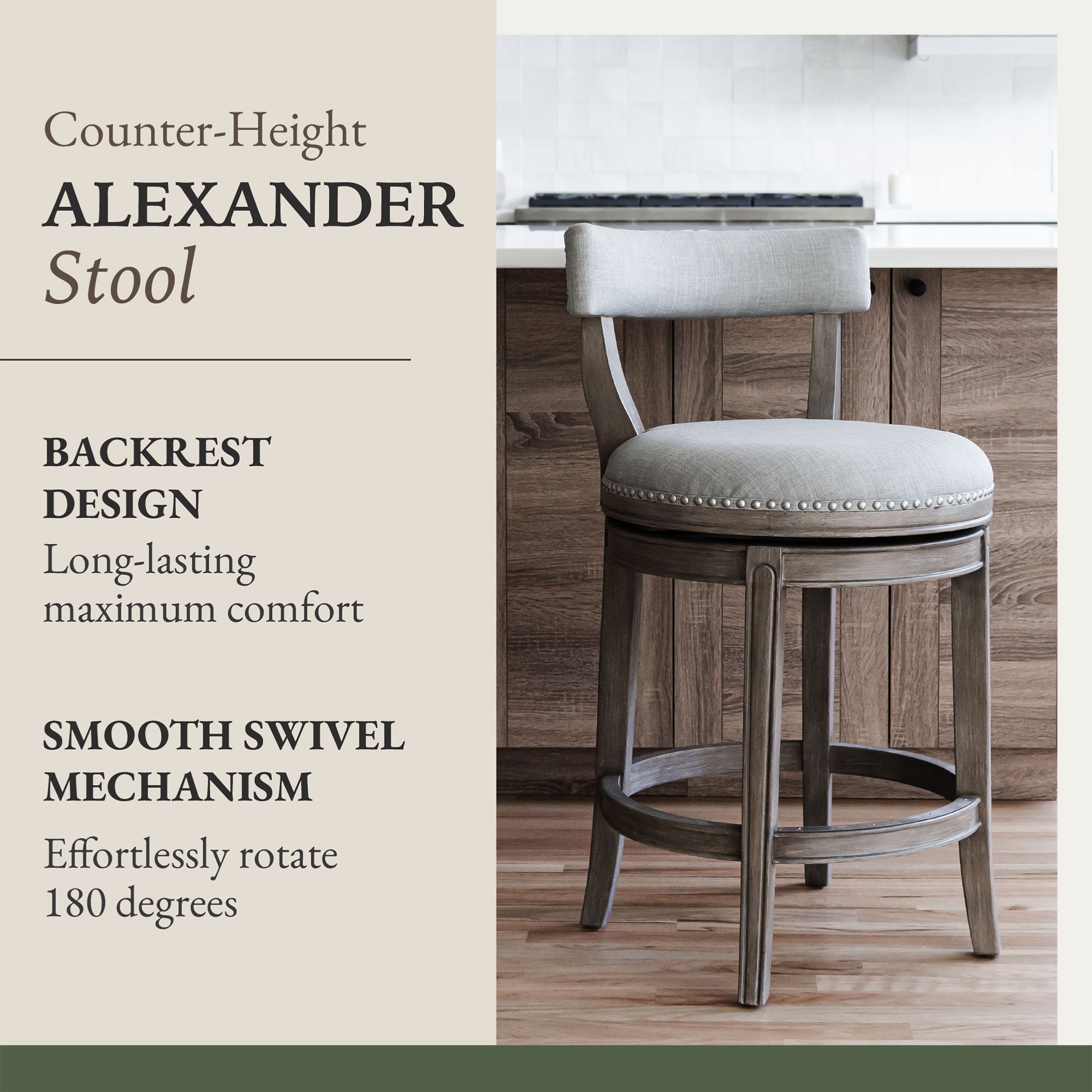 Maven Lane Alexander Counter Stool in Reclaimed Oak Finish w/ Ash Grey Fabric Upholstery (For Parts) - VMInnovations