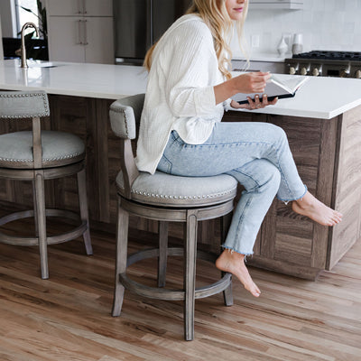 Maven Lane Alexander Counter Stool in Reclaimed Oak Finish w/ Ash Grey Fabric Upholstery (For Parts)