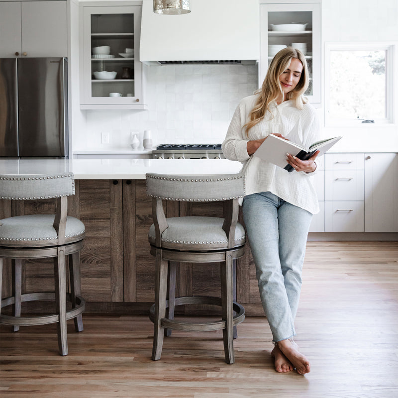 Maven Lane Alexander Counter Stool in Reclaimed Oak Finish w/ Ash Grey Fabric Upholstery (For Parts)