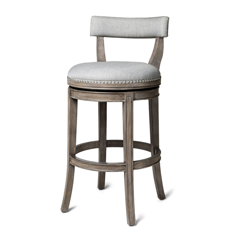 Maven Lane Bar Stool in Reclaimed Oak Finish w/Grey Fabric Upholstery(For Parts)