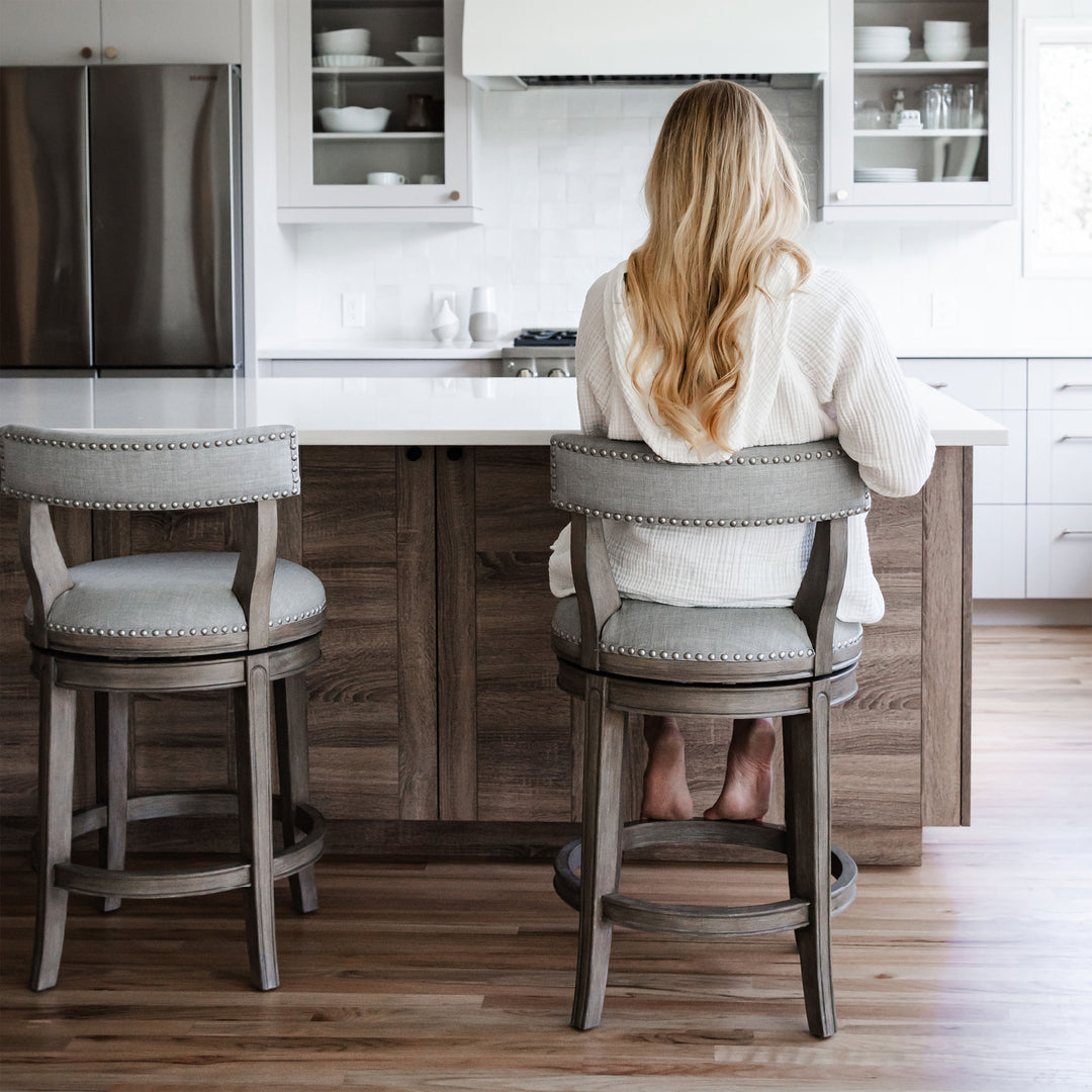 Maven Lane Bar Stool in Reclaimed Oak Finish w/Grey Fabric Upholstery(For Parts)