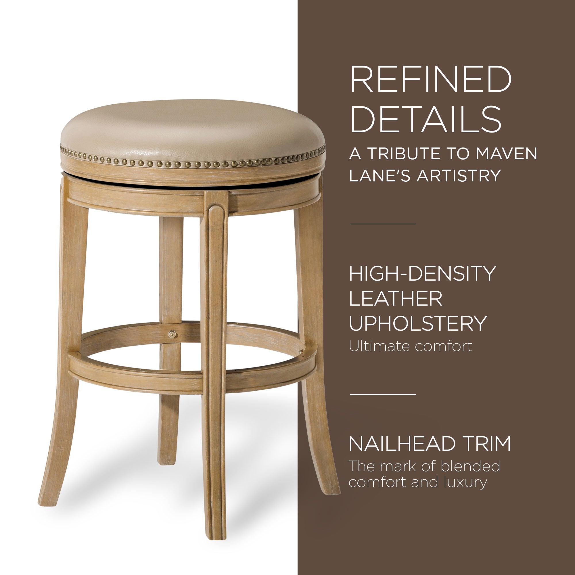 Maven Lane Alexander Backless Bar Stool, Weathered Oak Finish w/ Avanti Bone Vegan Leather - VMInnovations