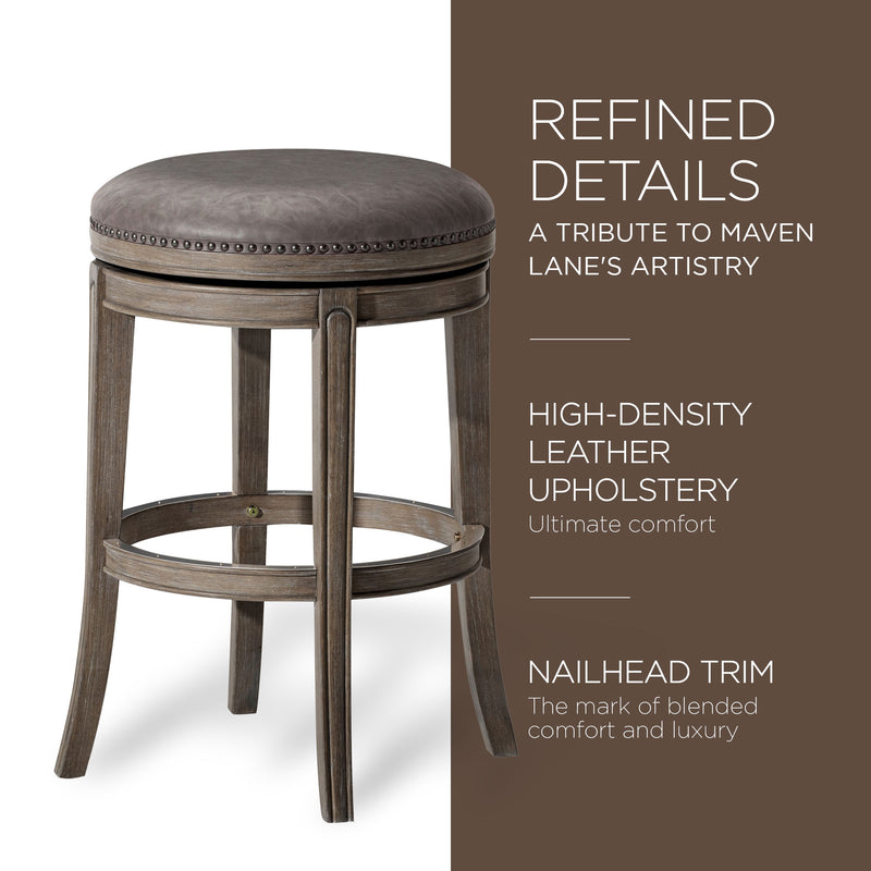 Maven Lane Alexander Backless Bar Stool, Reclaimed Oak Finish w/ Ronan Stone Vegan Leather