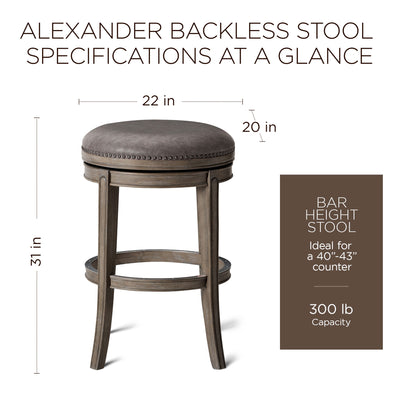 Maven Lane Alexander Backless Bar Stool, Reclaimed Oak Finish w/ Ronan Stone Vegan Leather