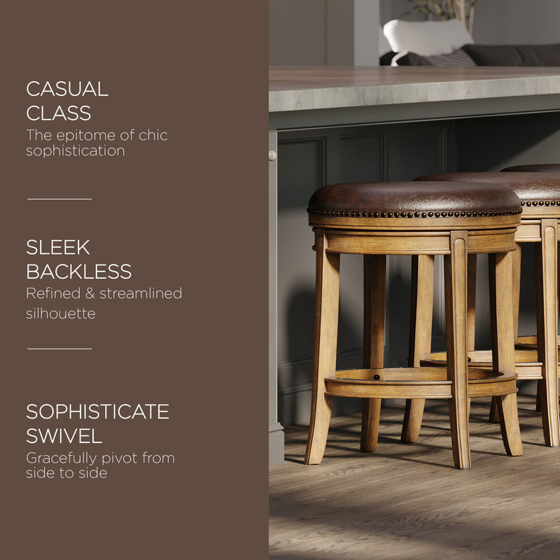 Maven Lane Backless Counter Stool, Walnut Finish, Saddle Vegan Leather(Open Box)