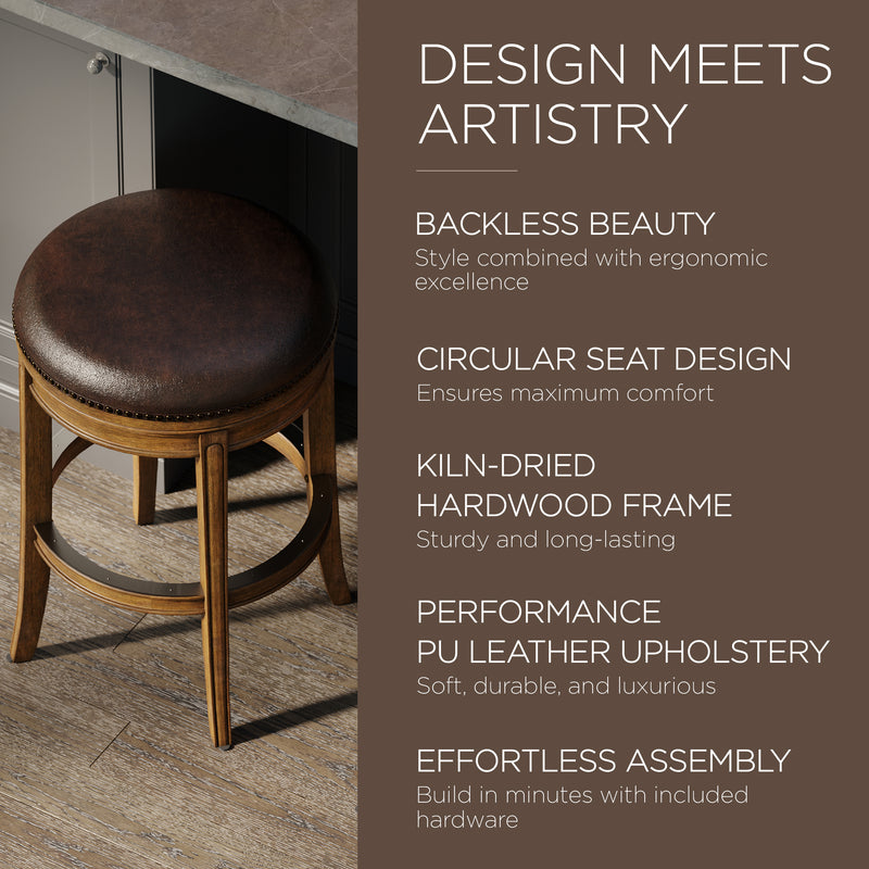 Maven Lane Alexander Backless Counter Stool, Walnut Finish w/ Marksman Saddle Vegan Leather