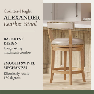 Maven Lane Alexander Counter Stool, Weathered Oak Finish w/ Avanti Bone Vegan Leather