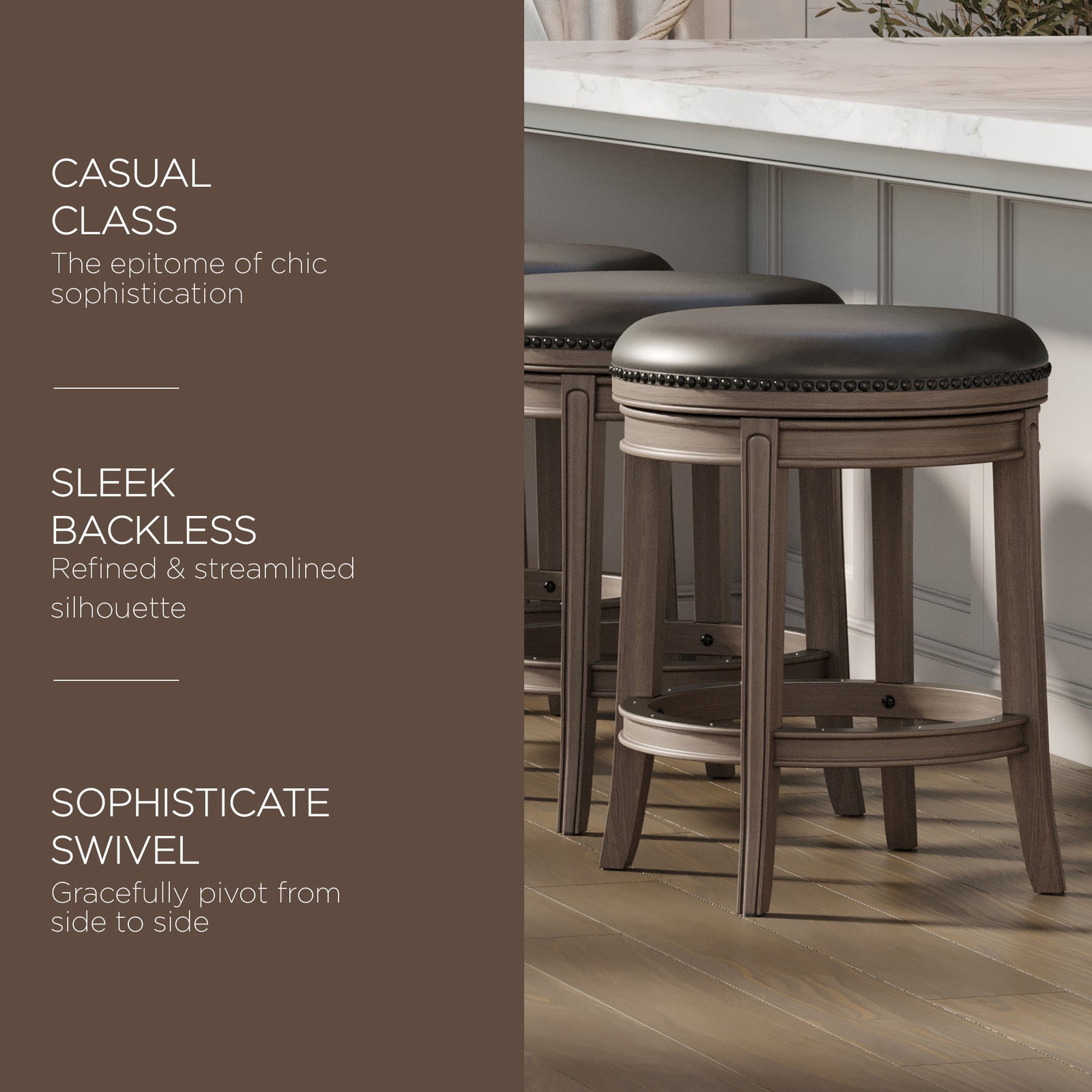 Maven Lane Alexander Backless Counter Stool, Reclaimed Oak Finish w/ Ronan Stone Vegan Leather - VMInnovations