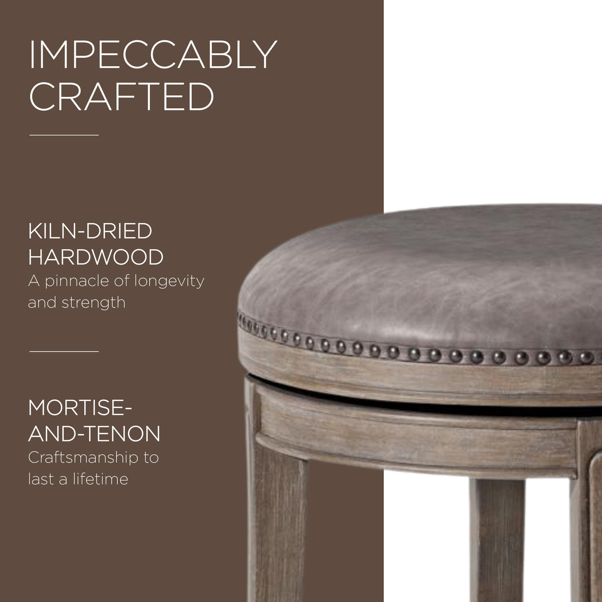 Maven Lane Alexander Backless Counter Stool, Reclaimed Oak Finish w/ Ronan Stone Vegan Leather - VMInnovations