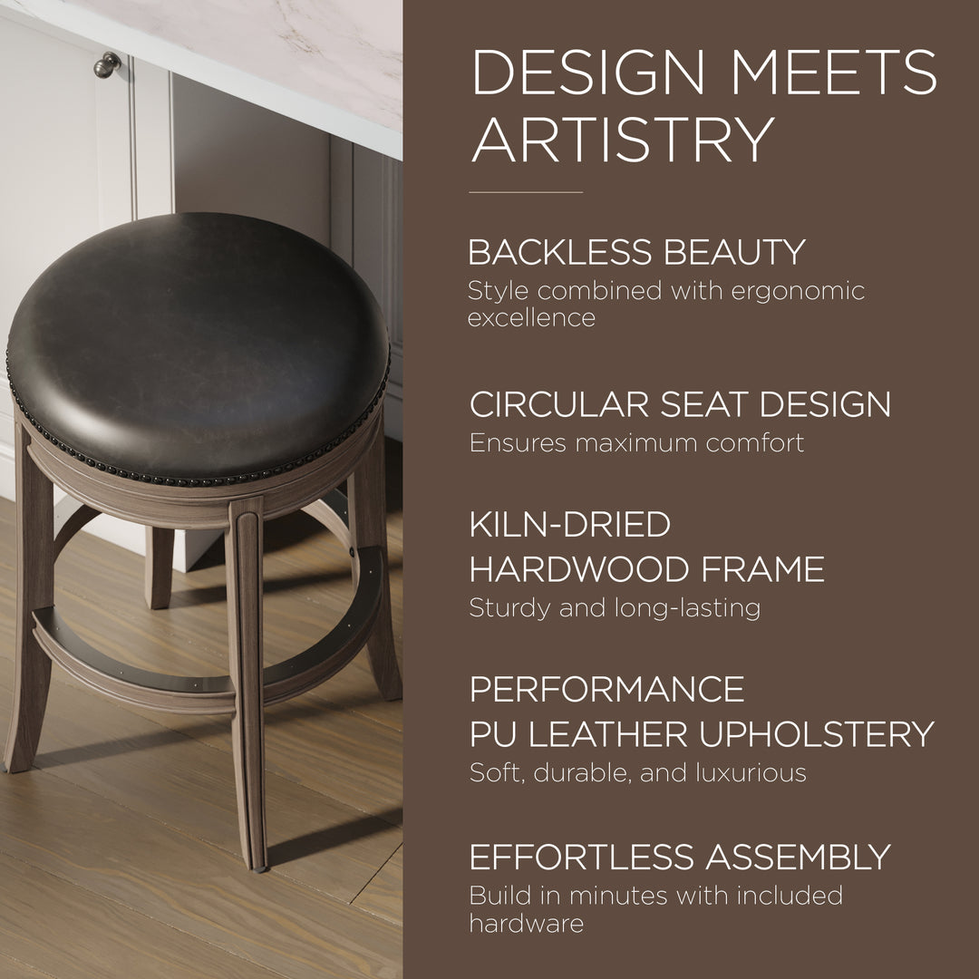 Maven Lane Alexander Backless Stool, Reclaimed Oak w/Vegan Leather (Open Box) - VMInnovations