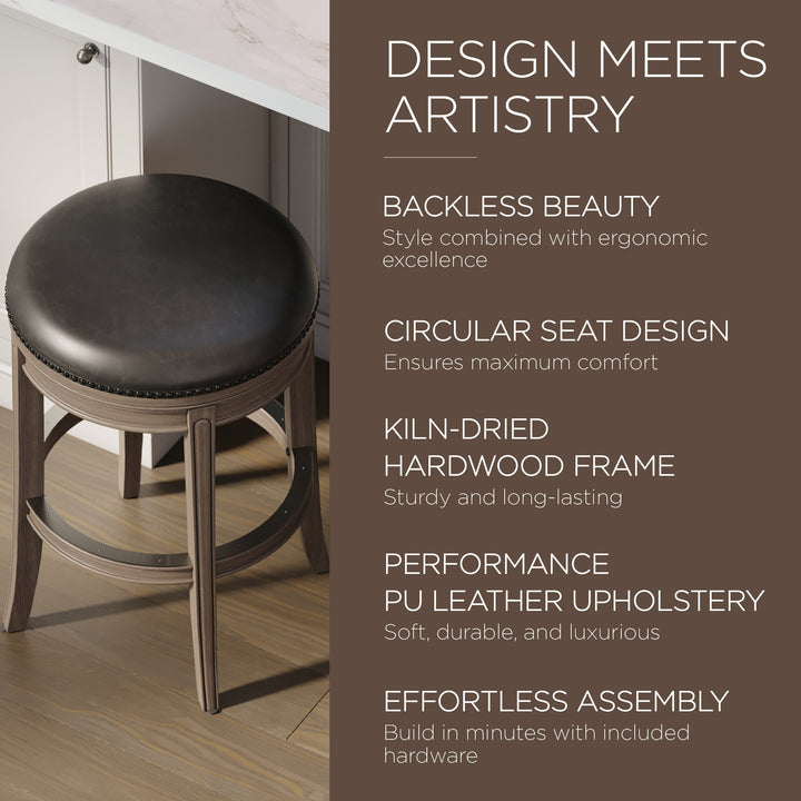 Maven Lane Alexander Backless Stool, Reclaimed Oak w/Vegan Leather (Open Box) - VMInnovations
