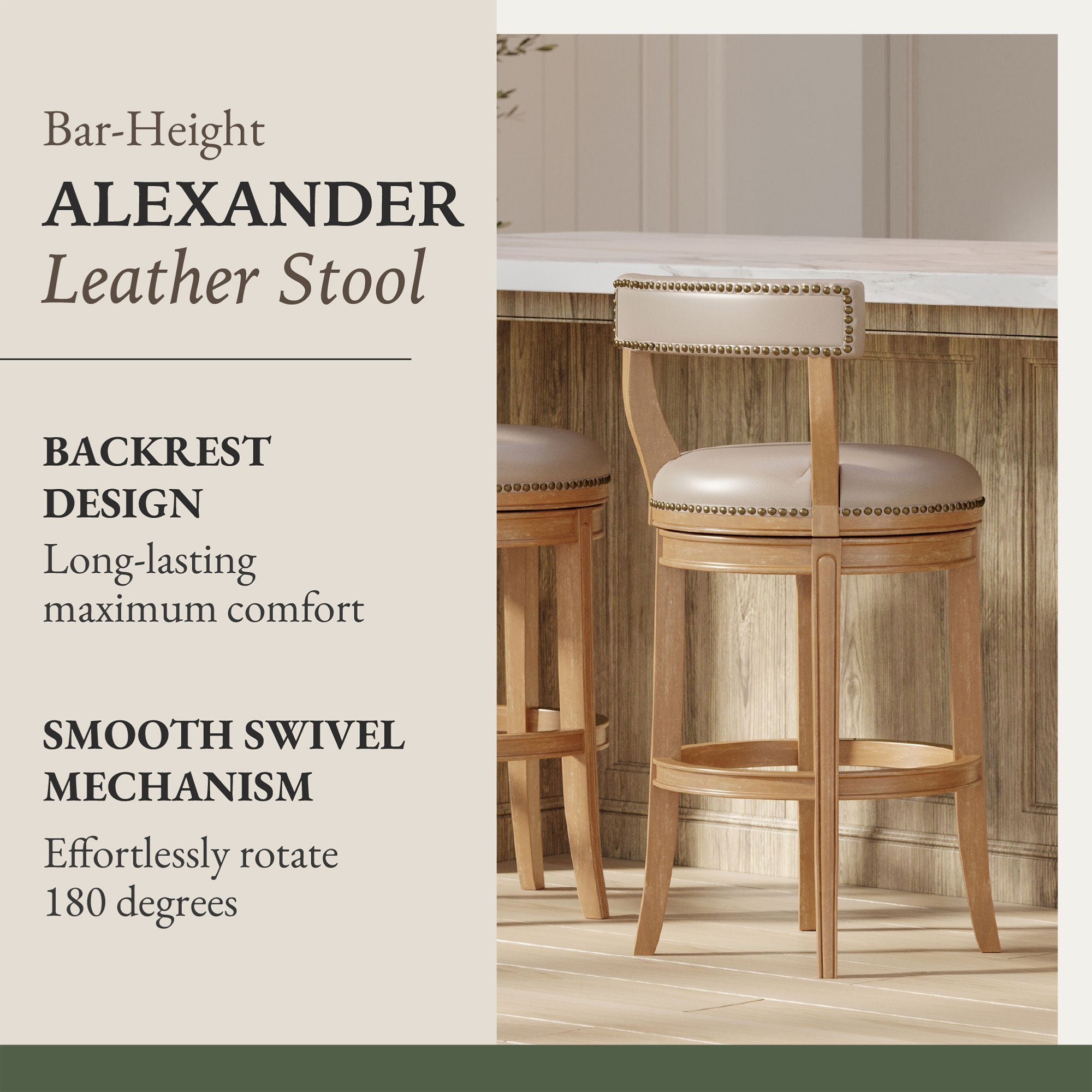 Maven Lane Bar Stool, Weathered Oak Finish w/ Avanti Bone Vegan Leather (Used) - VMInnovations