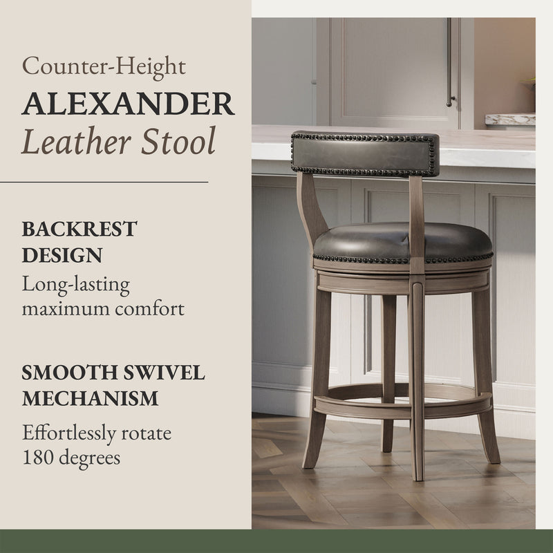 Maven Lane Alexander Counter Stool, Reclaimed Oak Finish w/ Ronan Stone Vegan Leather