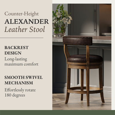 Maven Lane Alexander Counter Stool, Walnut Finish w/ Marksman Saddle Vegan Leather