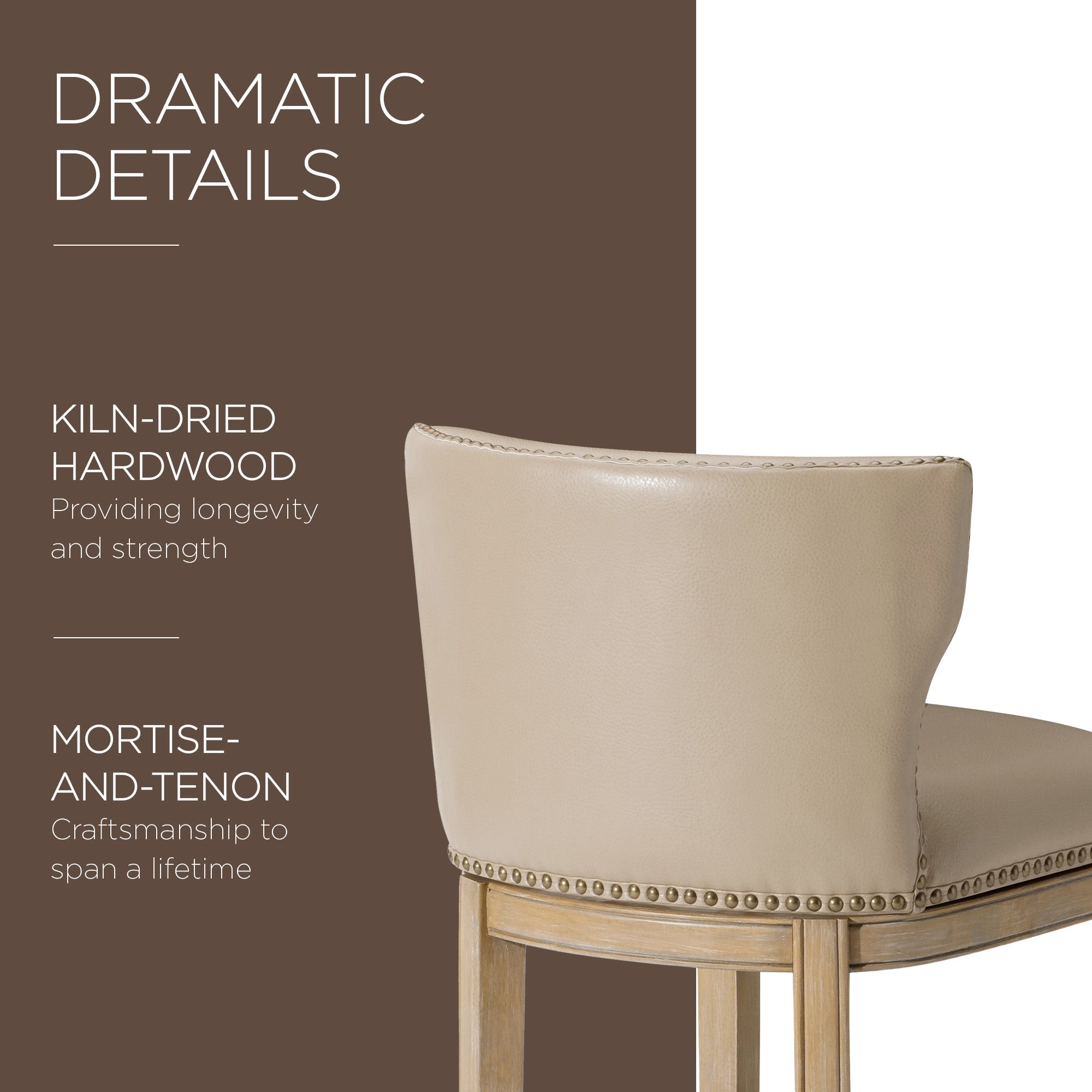 Maven Lane Hugo Counter Stool, Weathered Oak Finish w/ Avanti Bone Vegan Leather - VMInnovations