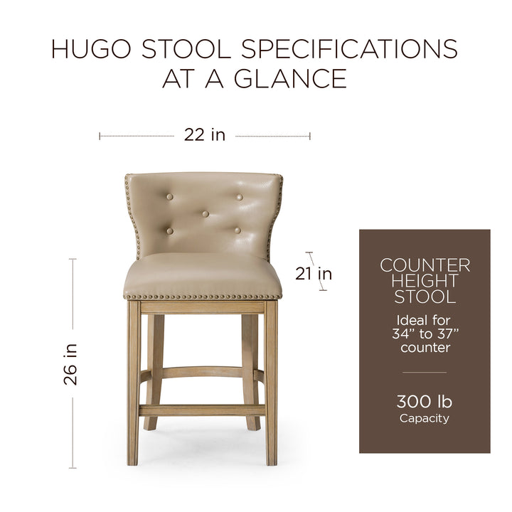 Maven Lane Hugo Counter Stool, Weathered Oak Finish w/ Avanti Bone Vegan Leather