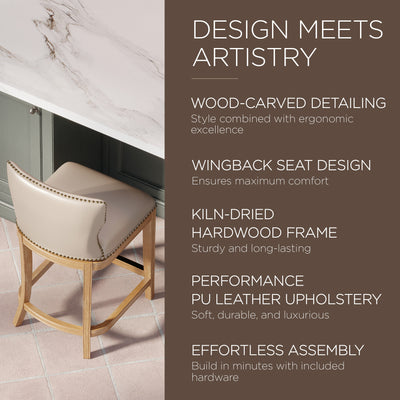 Maven Lane Hugo Counter Stool, Weathered Oak Finish w/ Avanti Bone Vegan Leather - VMInnovations