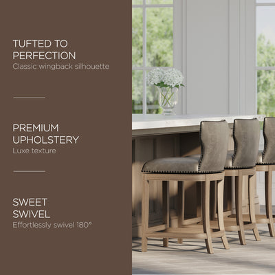 Maven Lane Hugo Counter Stool, Oak Finish w/ Stone Vegan Leather (For Parts)