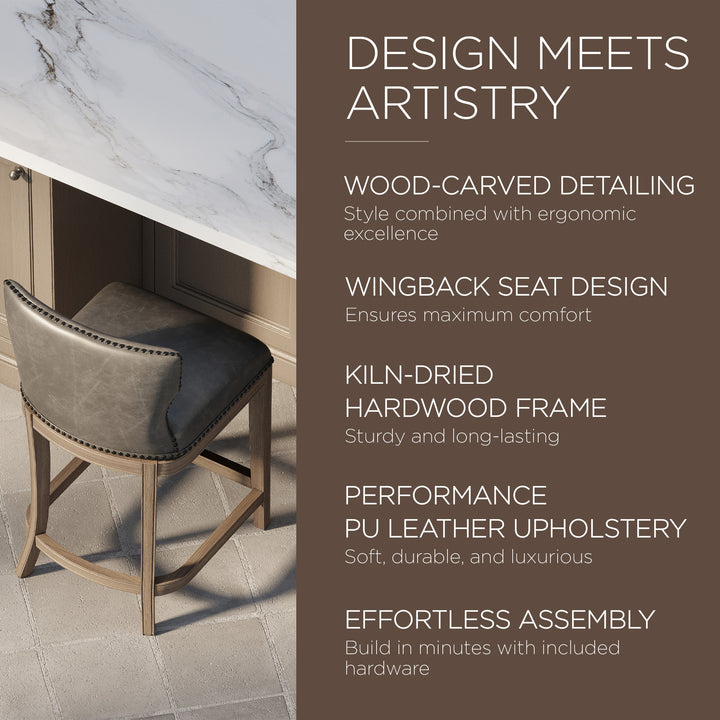 Maven Lane Hugo Counter Stool, Oak Finish w/ Stone Vegan Leather (For Parts)