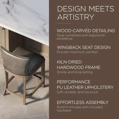 Maven Lane Hugo Counter Stool, Oak Finish w/ Stone Vegan Leather (For Parts)