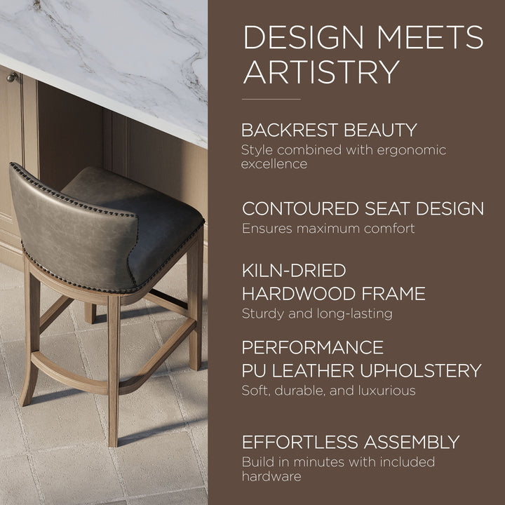 Maven Lane Hugo Bar Stool in Reclaimed Oak Finish with Ronan Stone Vegan Leather
