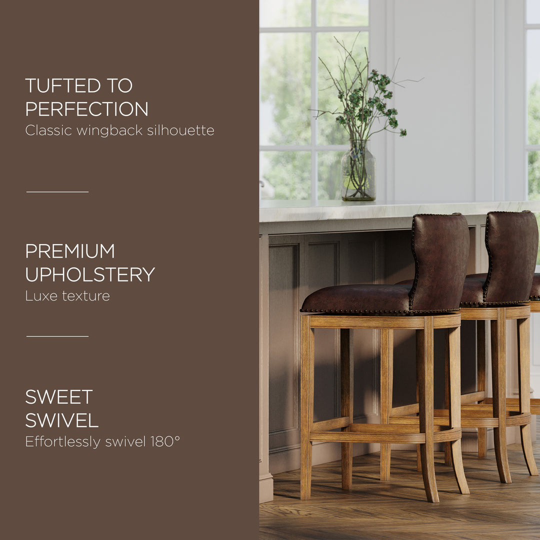 Maven Lane Hugo Bar Stool, Walnut Finish Marksman Saddle Vegan Leather(Open Box)