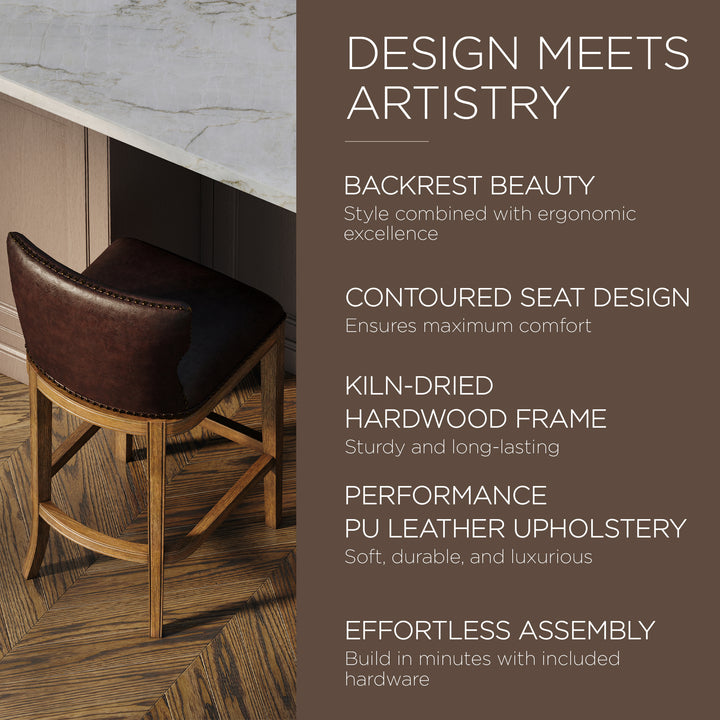 Maven Lane Hugo Bar Stool, Walnut Finish Marksman Saddle Vegan Leather(Open Box)