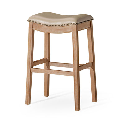 Maven Lane Adrien Saddle Barstool in Weathered Oak Finish w/ Avanti Bone Vegan Leather