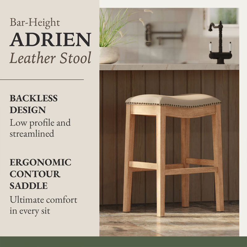 Maven Lane Adrien Saddle Barstool in Weathered Oak Finish w/ Avanti Bone Vegan Leather