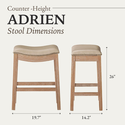 Maven Lane Adrien Saddle Counter Stool in Weathered Oak Finish w/ Avanti Bone Vegan Leather