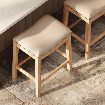 Maven Lane Adrien Saddle Counter Stool in Weathered Oak Finish w/ Avanti Bone Vegan Leather