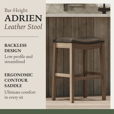 Maven Lane Saddle Barstool Reclaimed Oak Finish w/Stone Vegan Leather (Open Box)