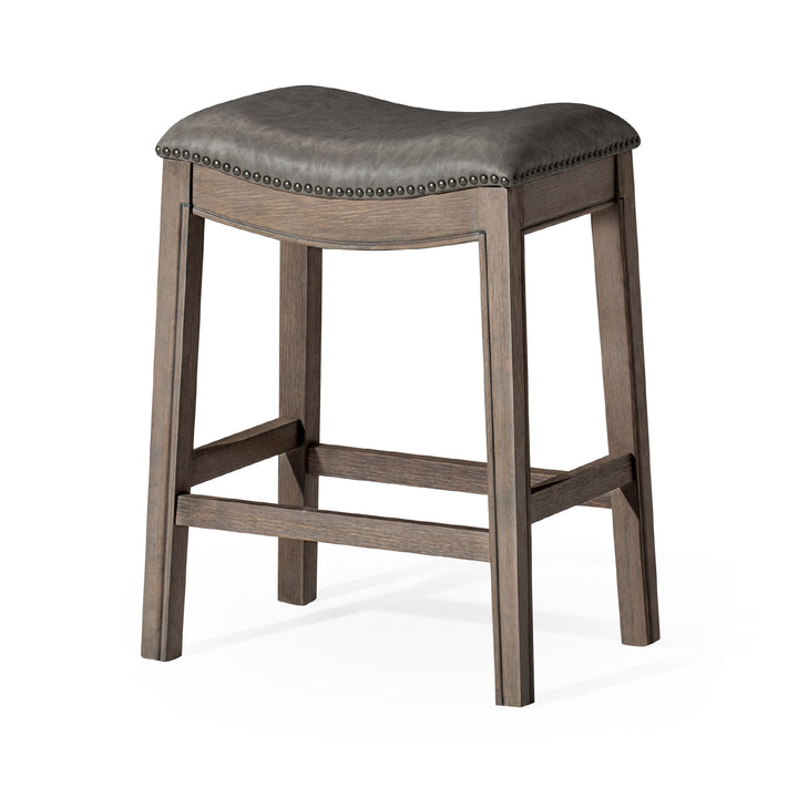 Maven Lane Adrien Saddle Counter Stool in Reclaimed Oak Finish w/ Ronan Stone Vegan Leather