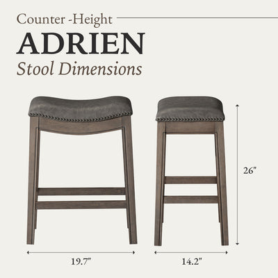 Maven Lane Adrien Saddle Counter Stool in Reclaimed Oak Finish w/ Ronan Stone Vegan Leather