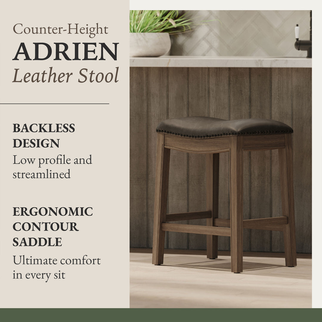 Maven Lane Adrien Stool, Reclaimed Oak, Stone Vegan Leather, Set of 2 (Open Box)