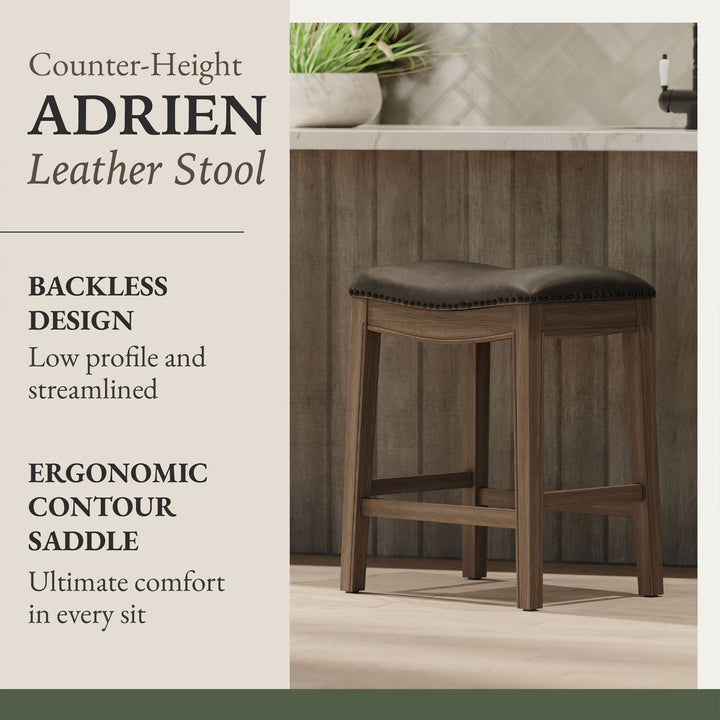 Maven Lane Adrien Saddle Counter Stool in Reclaimed Oak Finish w/ Ronan Stone Vegan Leather