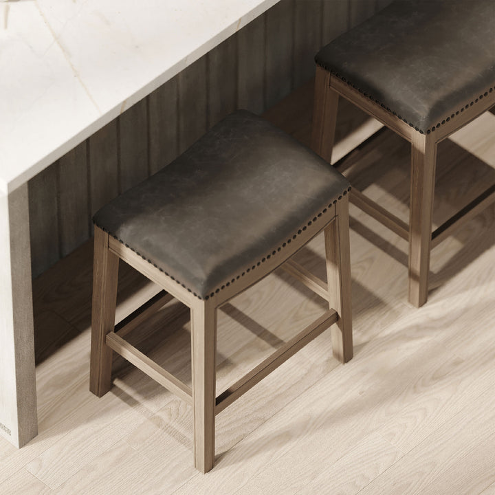 Maven Lane Adrien Saddle Counter Stool in Reclaimed Oak Finish w/ Ronan Stone Vegan Leather