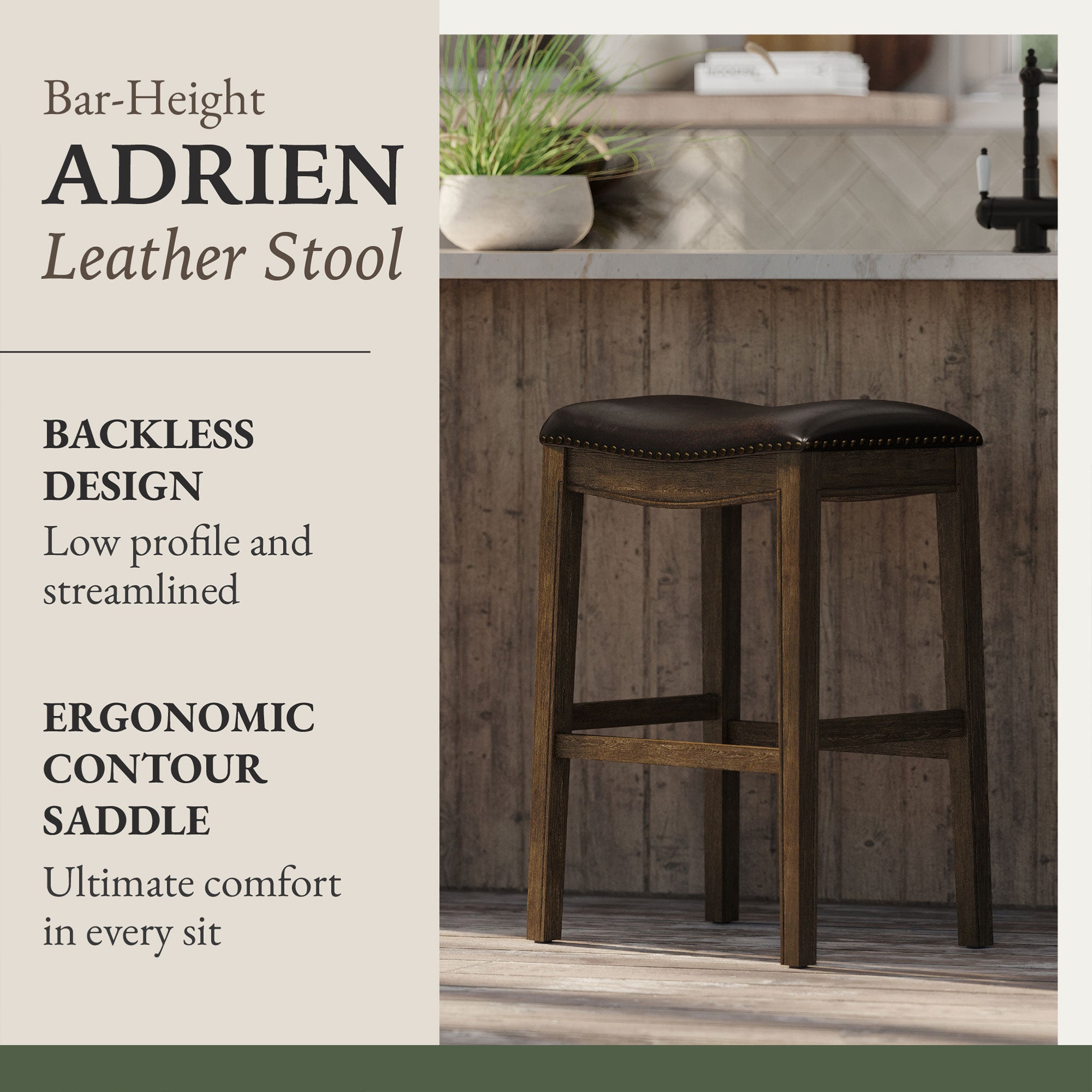 Maven Lane Adrien Barstool, Walnut w/ Marksman Vegan Leather, Set of 4(Open Box)