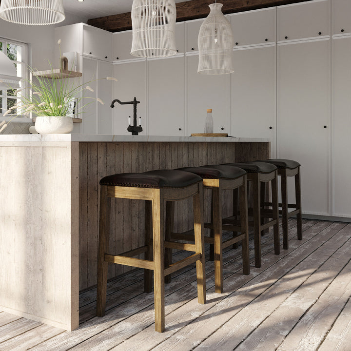 Maven Lane Adrien Barstool, Walnut w/ Marksman Vegan Leather, Set of 4(Open Box)